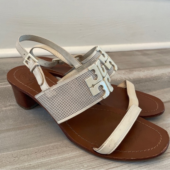 Tory Burch Shoes - Tory Burch Lowell 2 Ivory Perforated Leather Logo Sandal 2" Heels Size 9.5